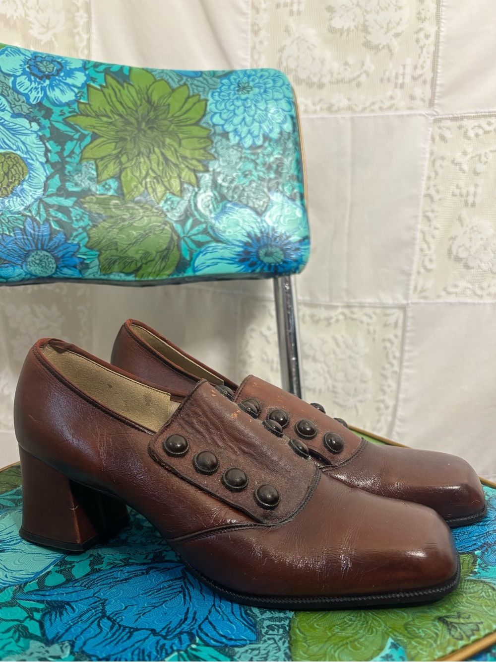 Vintage Brown Leather Victorian Witchy Square Toe Button‎ Detail Heels Size 9